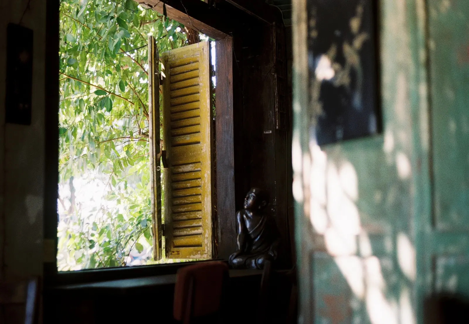 Una finestra con l'imposta di legno aperta sul verde, vista da una stanza in penombra