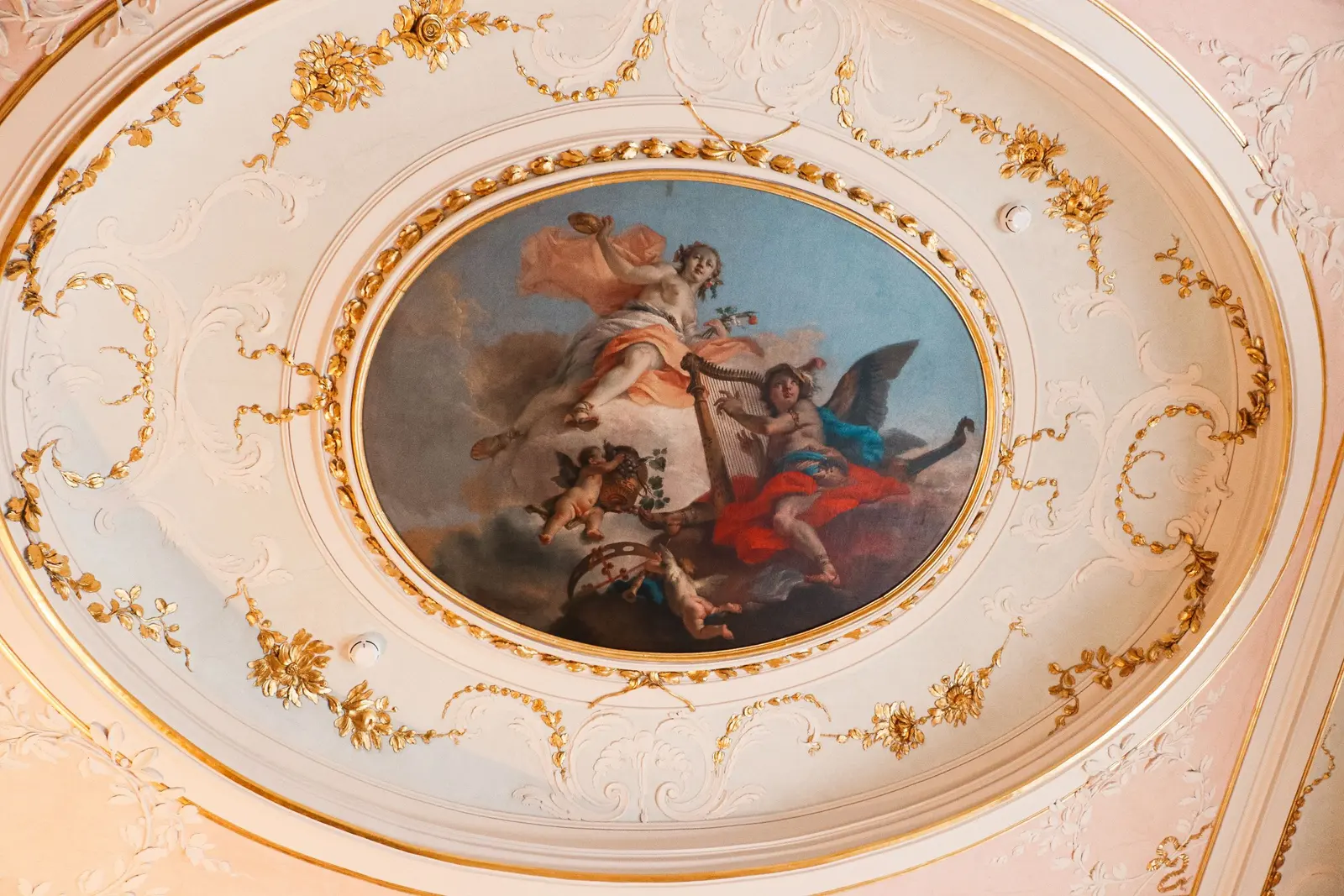 Soffitto decorato con stucchi dorati e un medaglione dipinto al centro