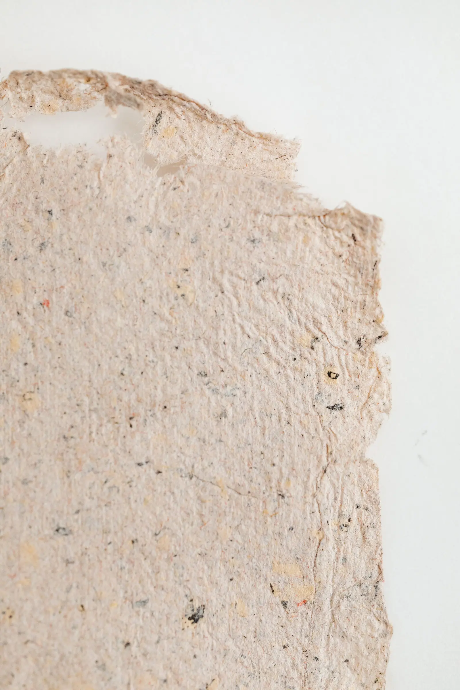 Un foglio di carta fatta a mano color avorio, con le fibre visibili e il bordo sfrangiato