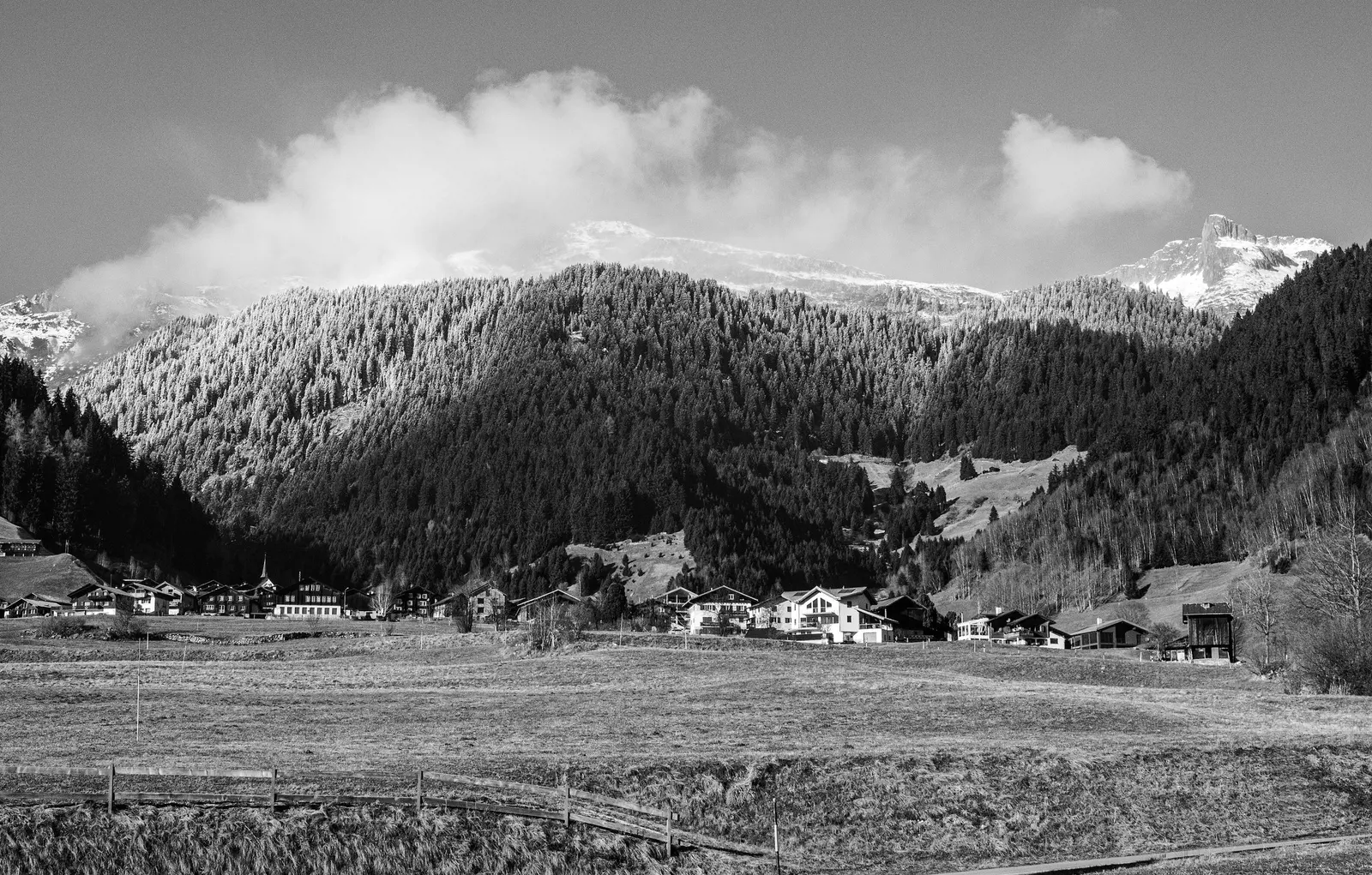 Fondovalle con prati, boschi e un paese ai piedi dei monti, in bianco e nero