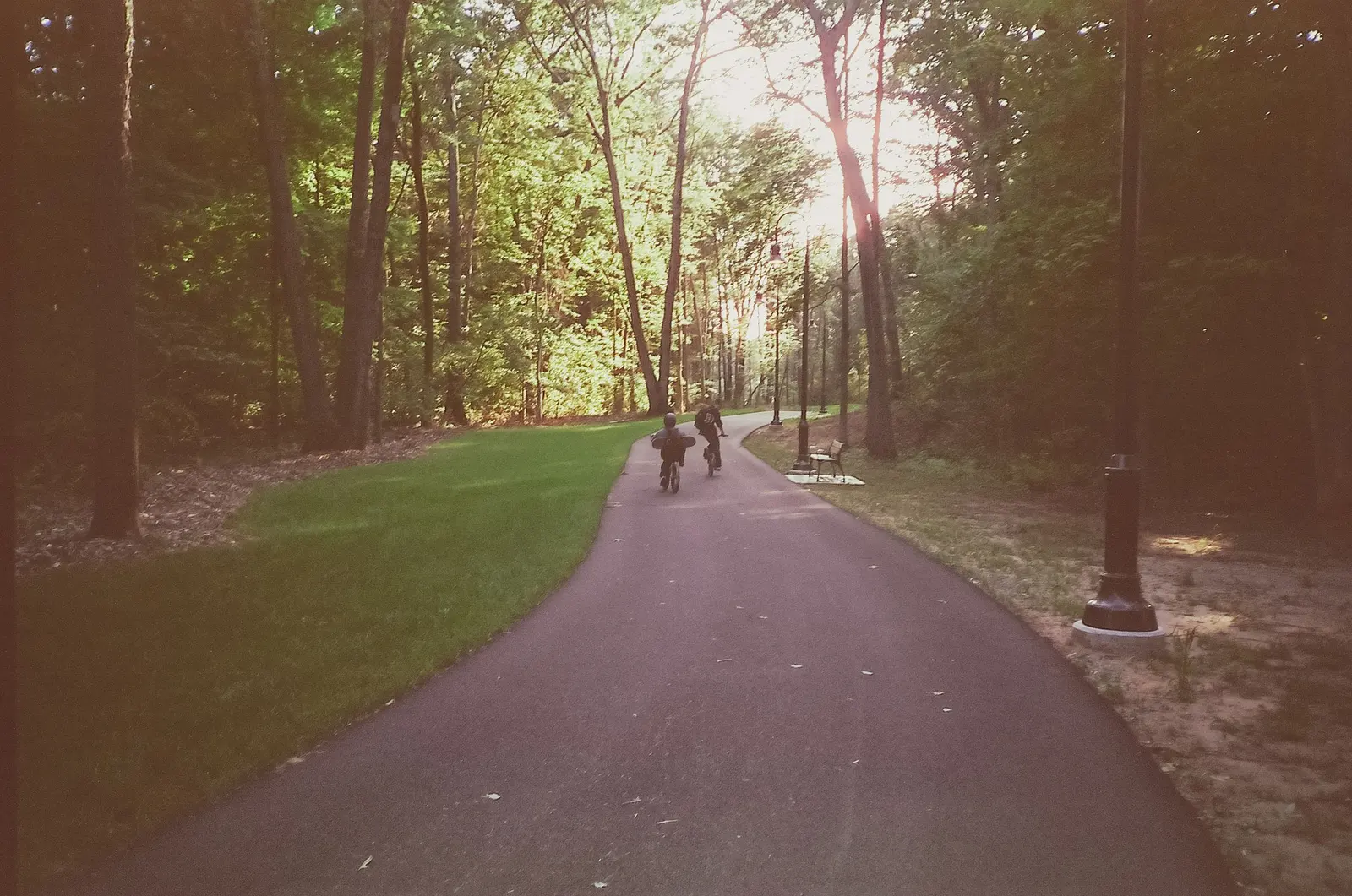 Un percorso asfaltato che attraversa un parco alberato, con due ciclisti lontani in controluce