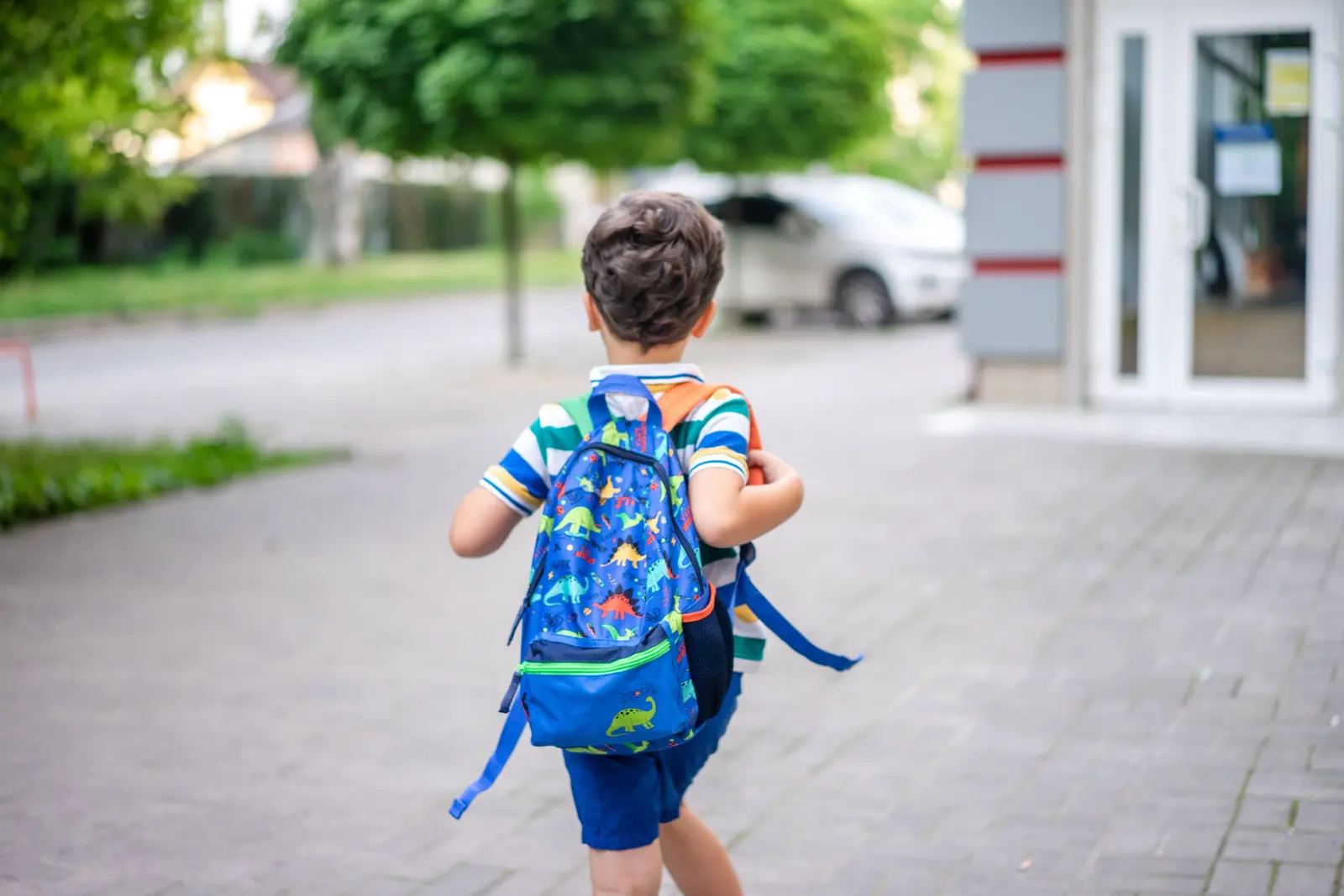 Un bambino di spalle con lo zaino colorato cammina verso l'ingresso della scuola