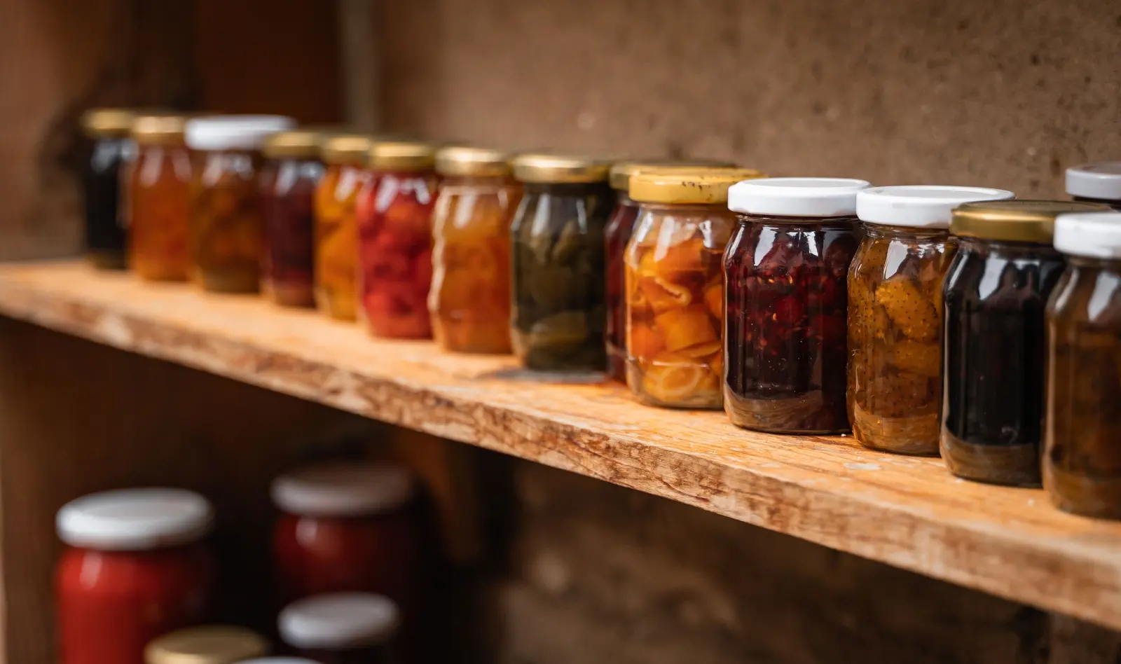 Vasi di conserve e confetture allineati su una mensola di legno