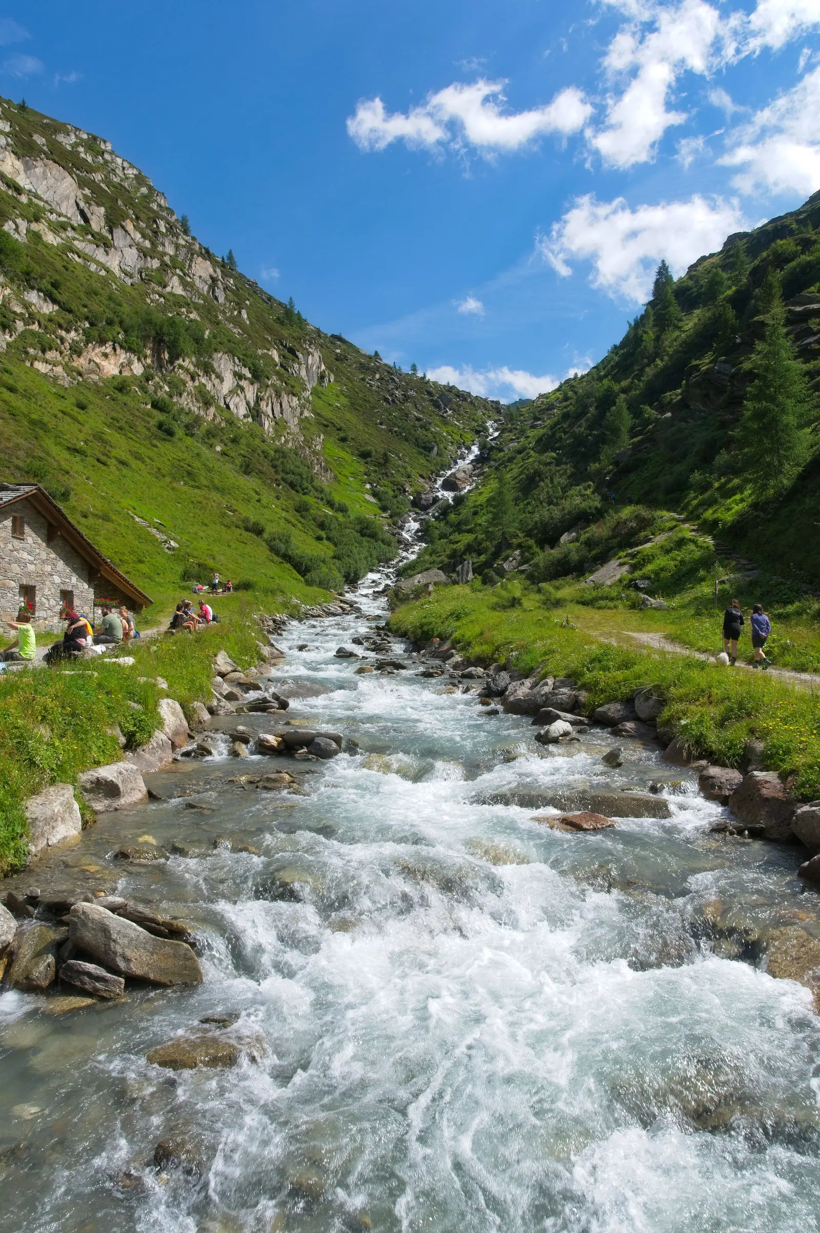 Un torrente alpino scende tra i prati verdi di una valle, accanto a una baita di pietra
