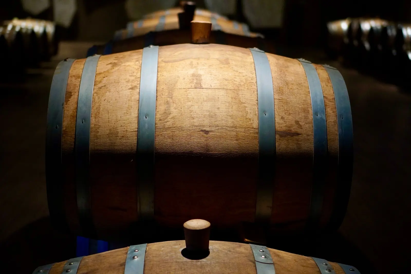 Una botte di rovere nella penombra della cantina
