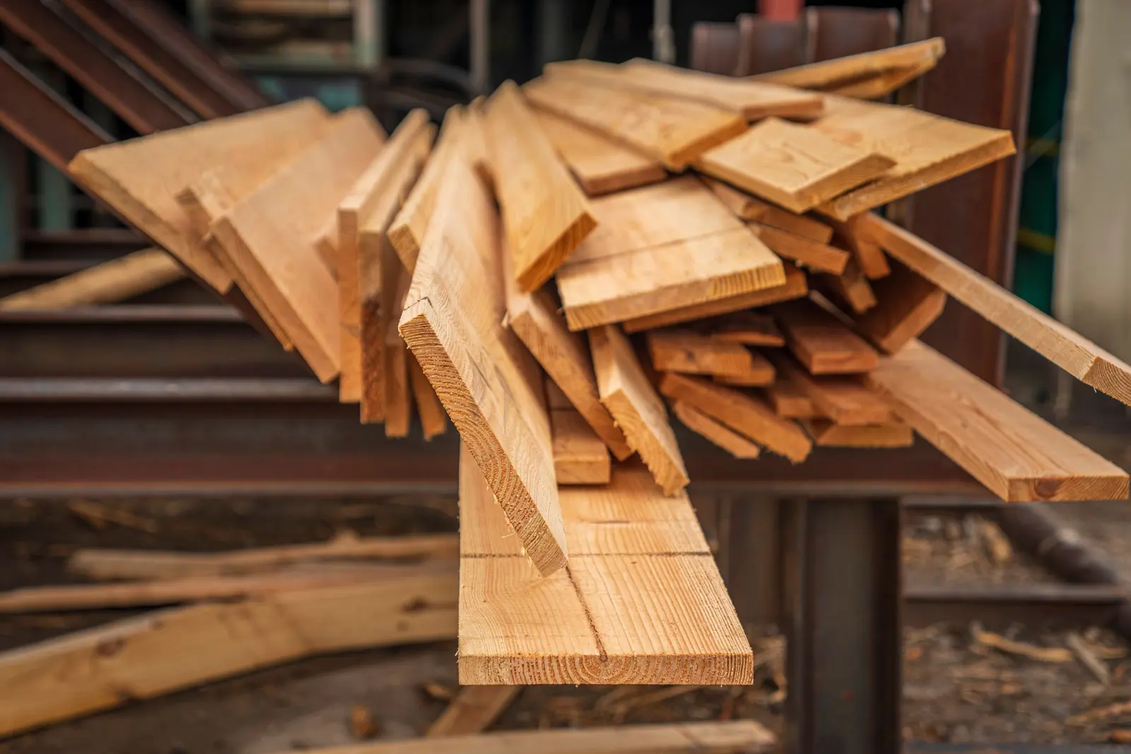 Tavole di legno chiaro accatastate in laboratorio