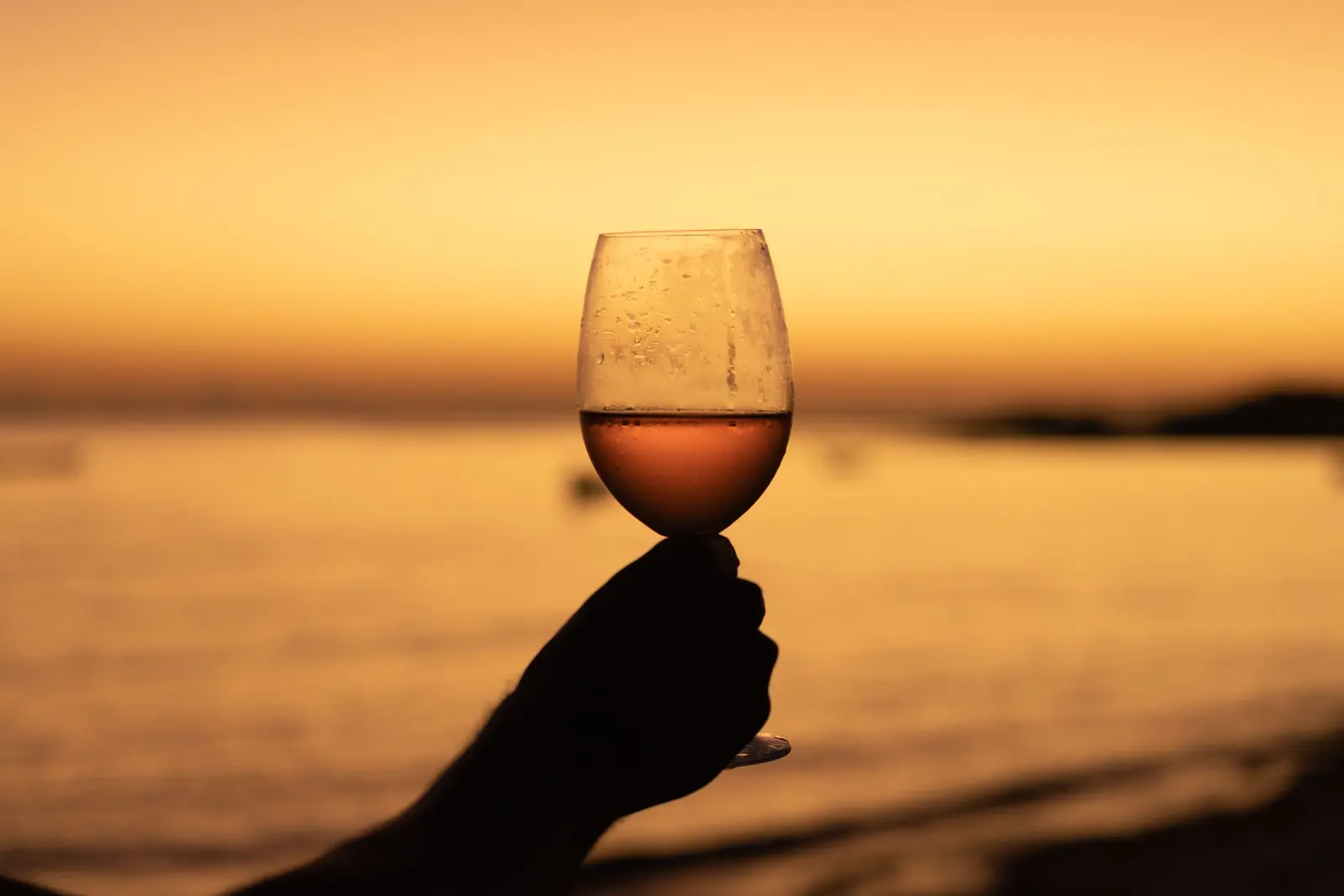 Un calice di vino rosato alzato controluce nella luce dorata della sera, sul mare