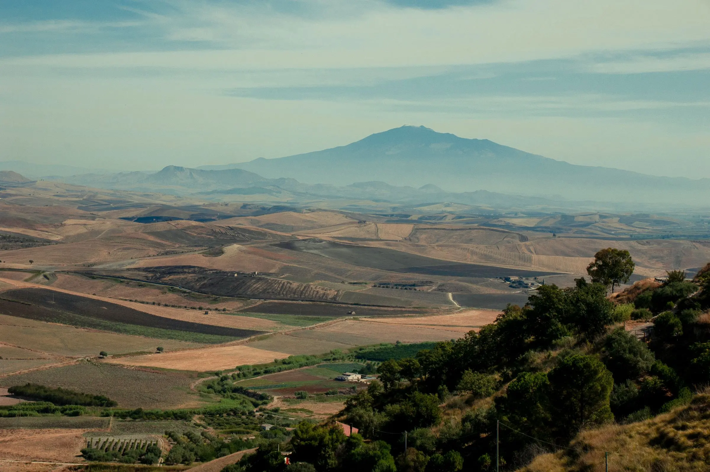Colline coltivate della Sicilia orientale nella luce del pomeriggio, con l'Etna sullo sfondo