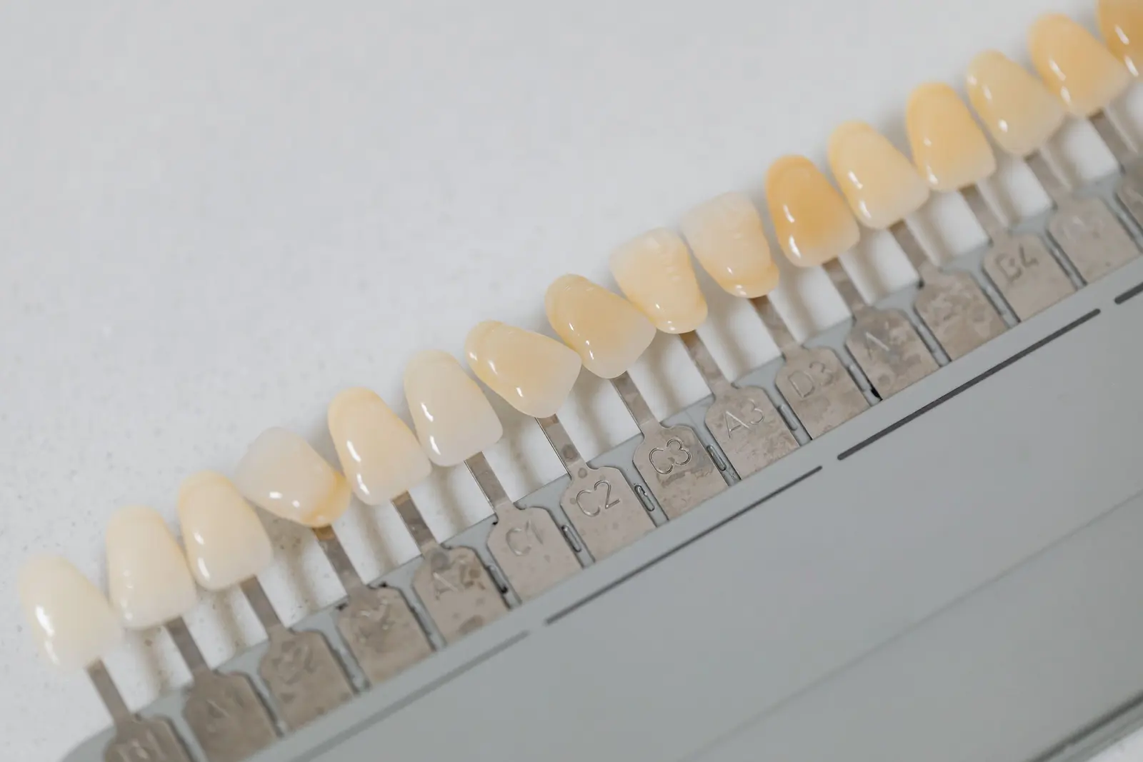 Scala colori dentale con le linguette dei codici su fondo bianco