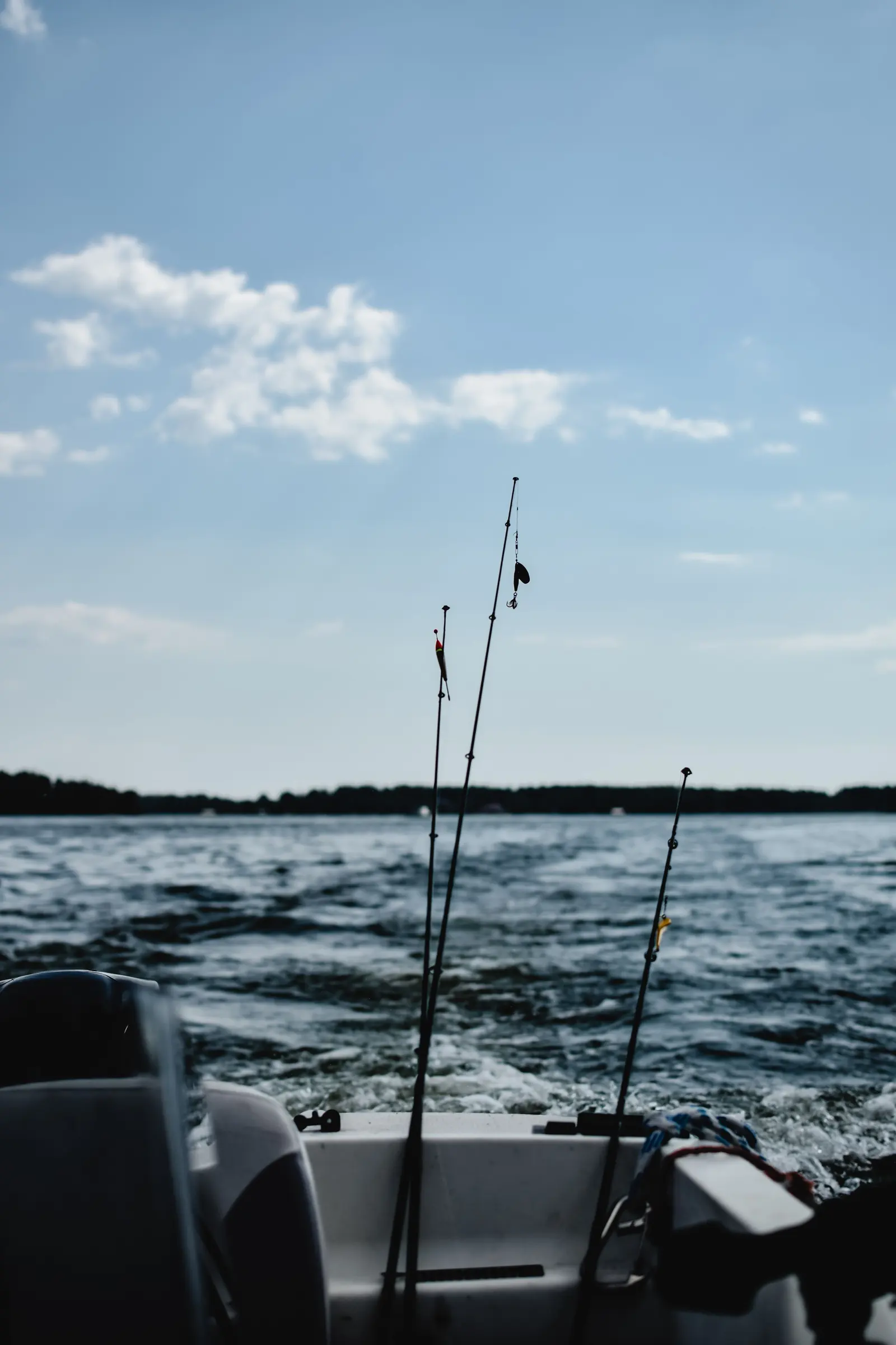 Canne da pesca montate a poppa di una barca in navigazione, con la scia e un cielo di nuvole bianche