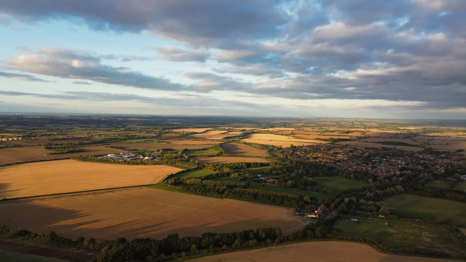 La pianura vista dall'alto nella luce del tardo pomeriggio: campi, filari e paesi