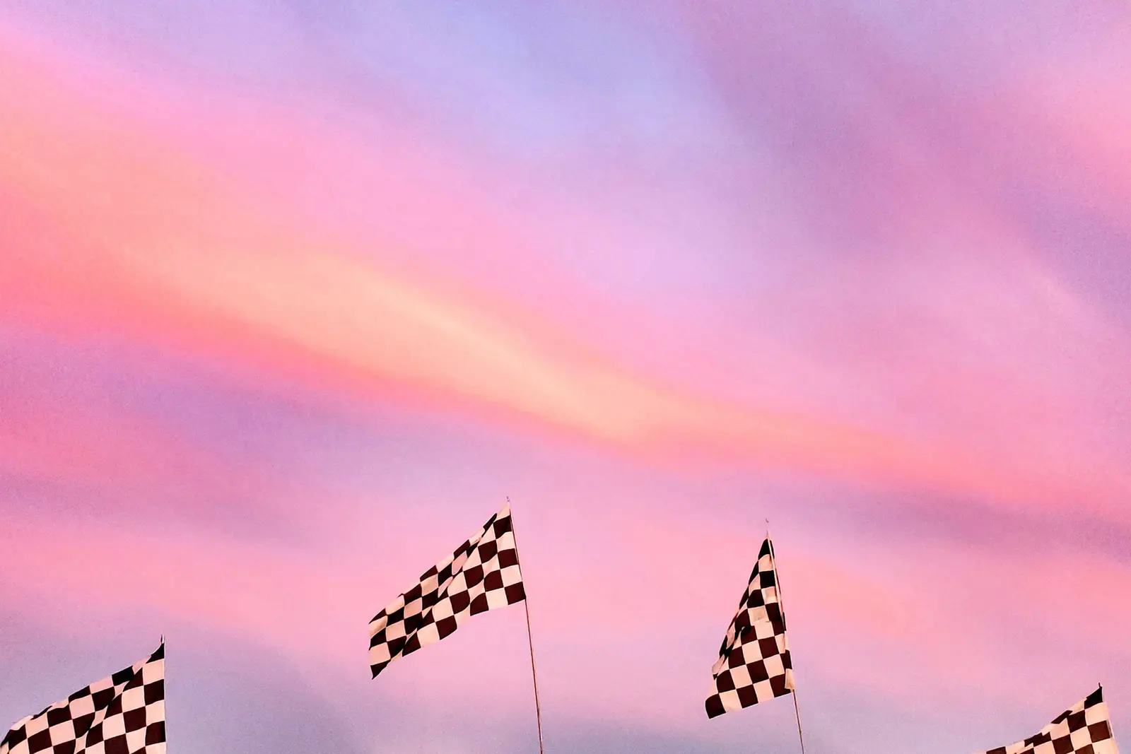 Bandiere a scacchi al vento contro un cielo rosa al tramonto
