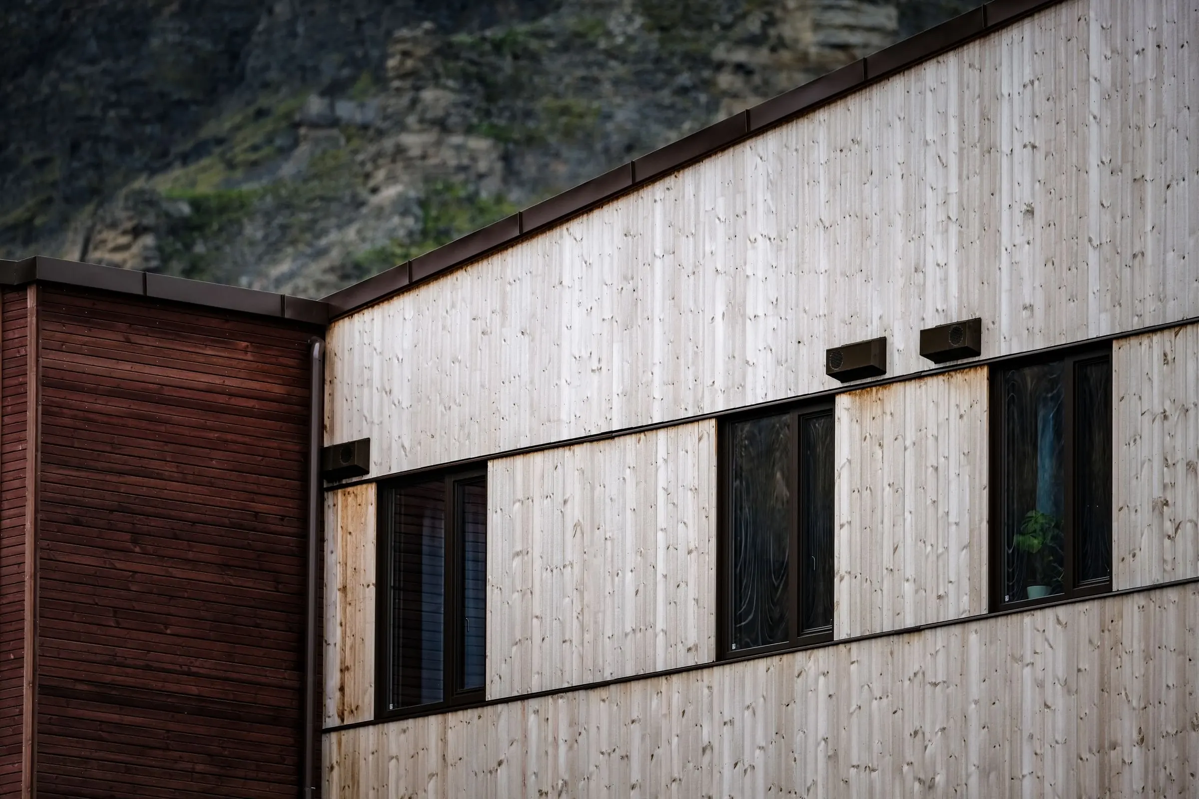 Facciata in tavole di legno chiaro con finestre scure, con il pendio e la montagna dietro