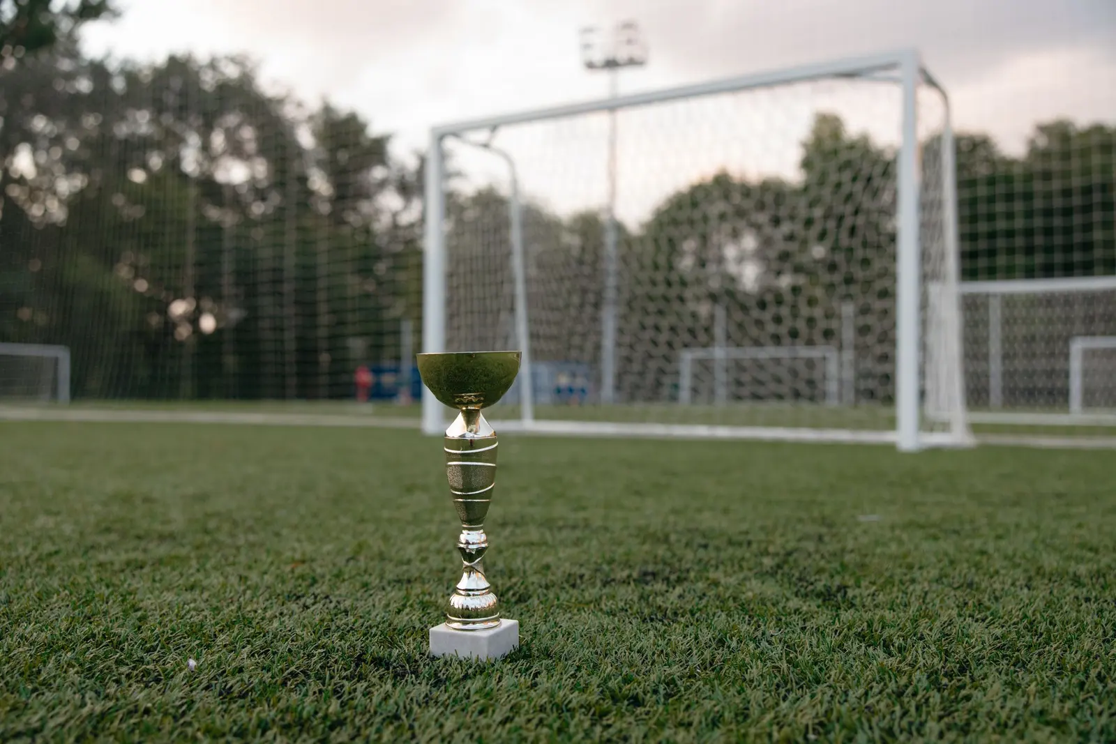 Coppa argentata appoggiata sul prato davanti a una porta da calcio