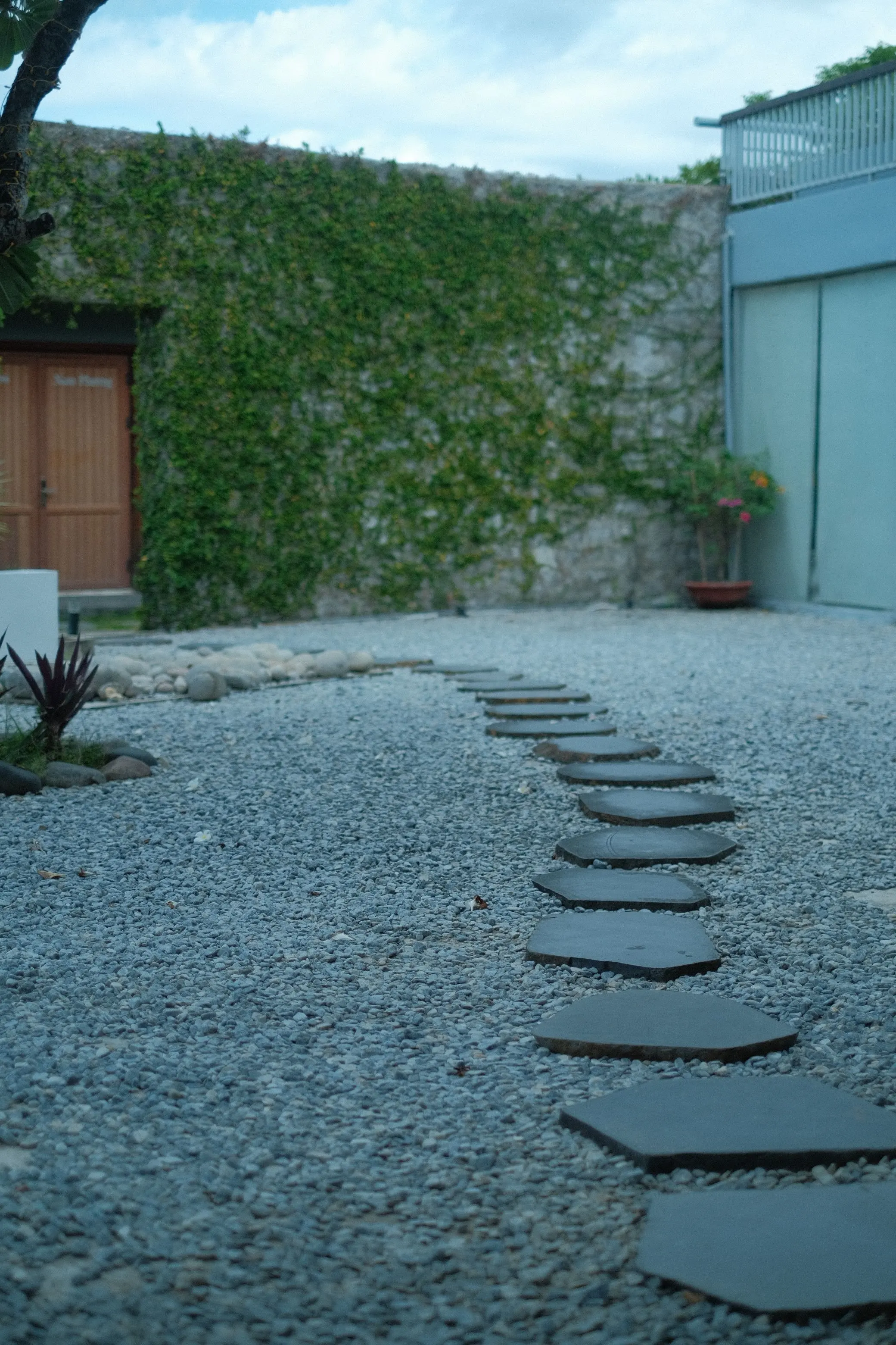 Cortile di ghiaia con passi in pietra grigia, un muro coperto di rampicante e la facciata vetrata di un edificio